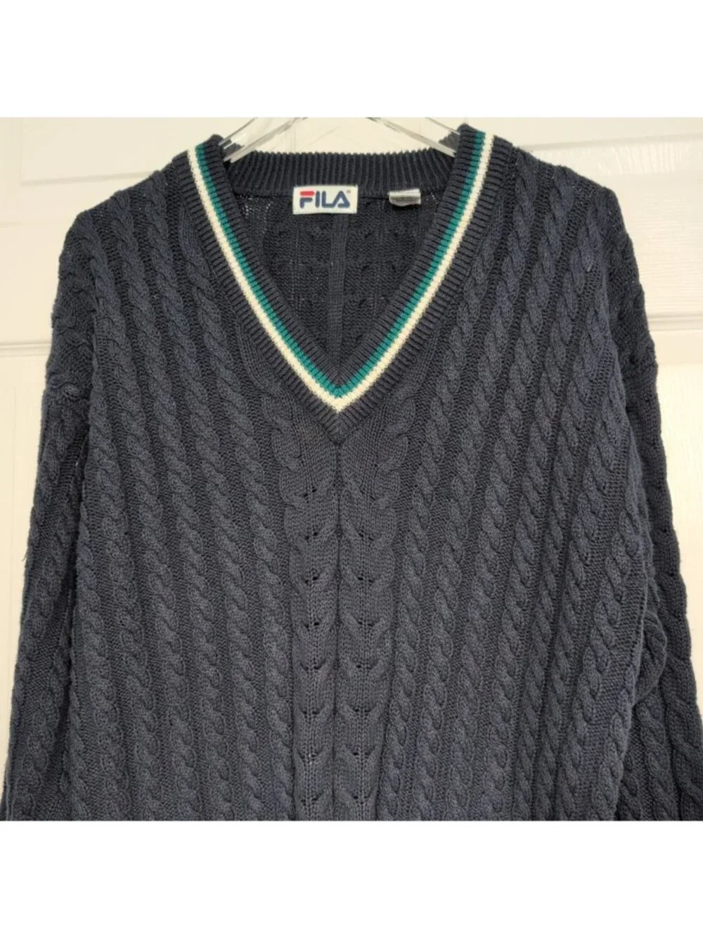 Vintage Fila Tennis Sweater Mens Size Large Blue Cable Knit V Neck Preppy Cotton